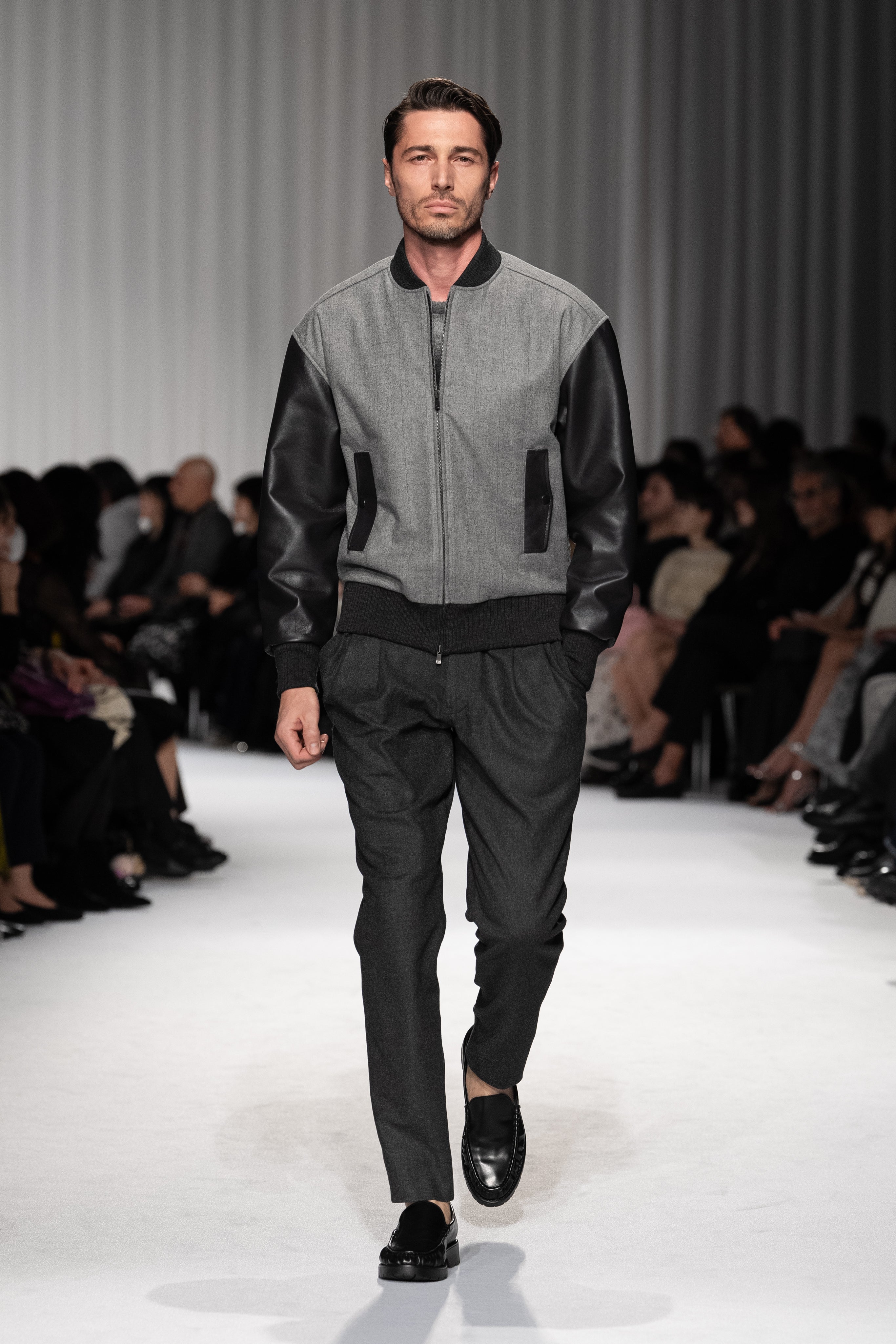 Leather x flannel combination blouson