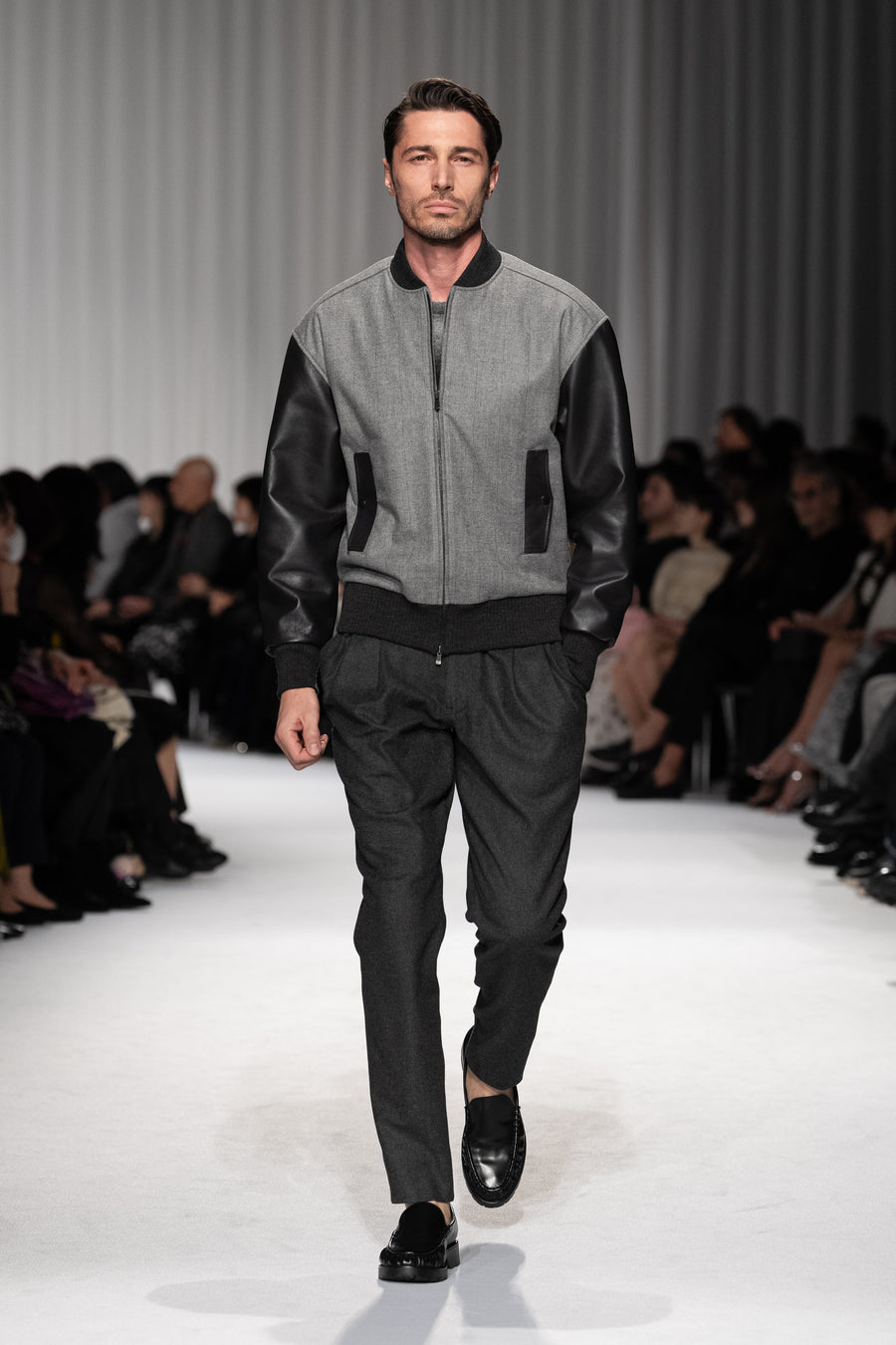 Leather x flannel combination blouson
