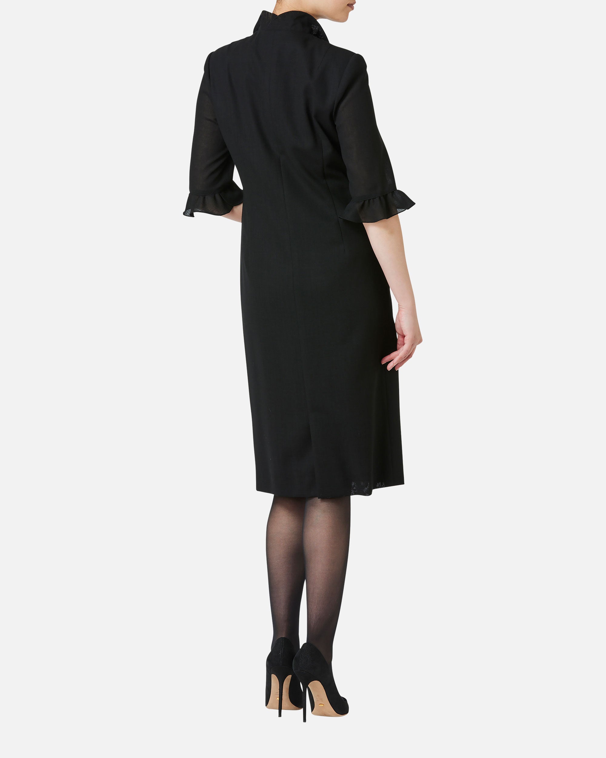 Black Dress with Frill on Collar and Sleeve Hem