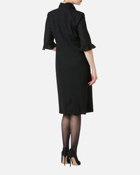 Black Dress with Frill on Collar and Sleeve Hem
