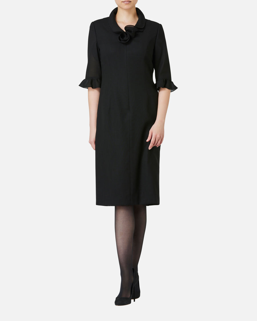 Black Dress with Frill on Collar and Sleeve Hem