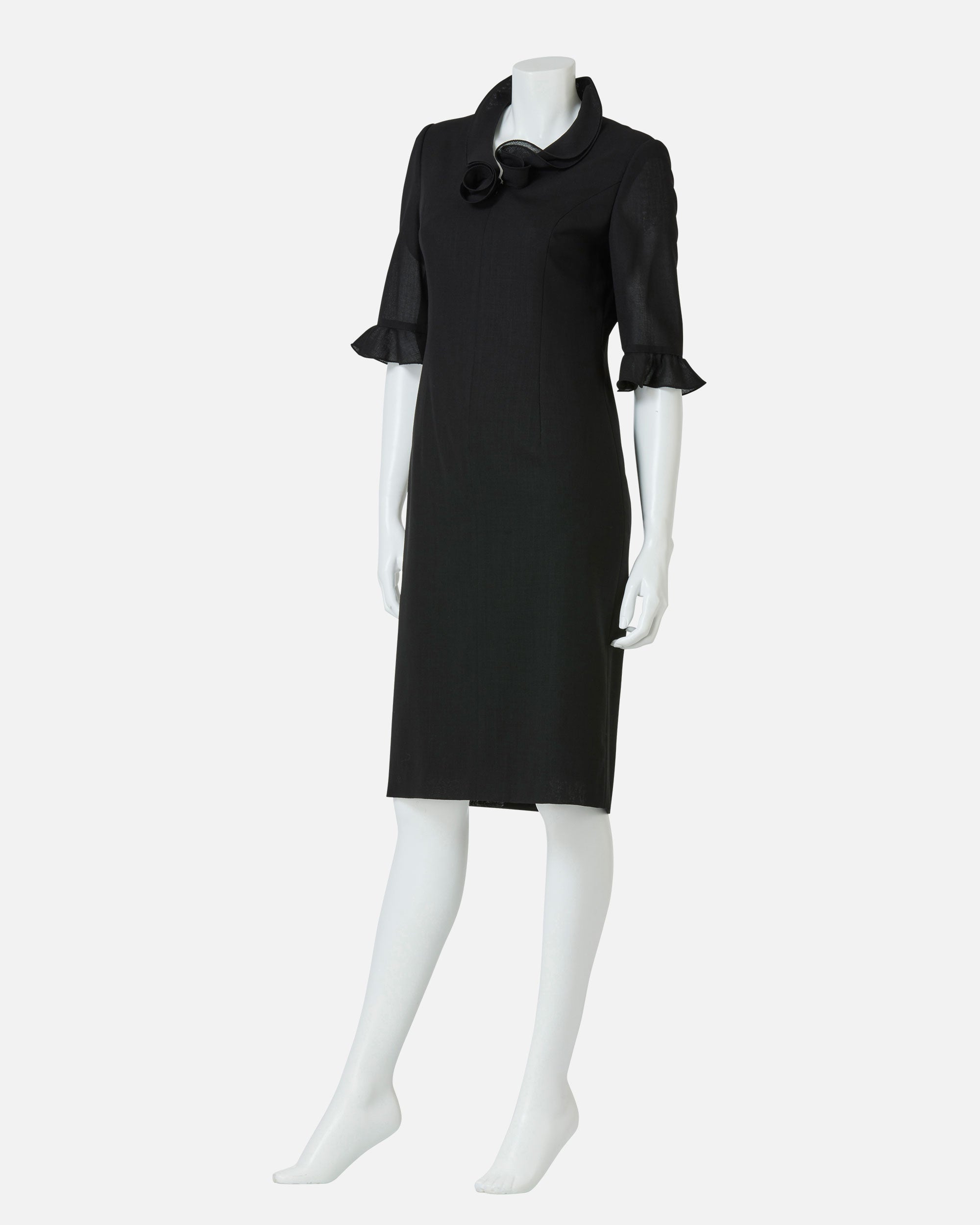 Black Dress with Frill on Collar and Sleeve Hem