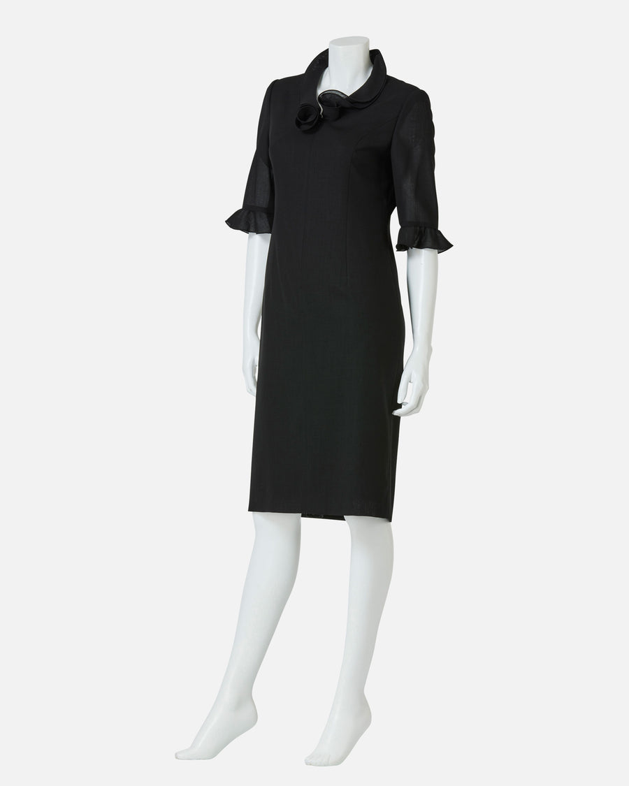 Black Dress with Frill on Collar and Sleeve Hem
