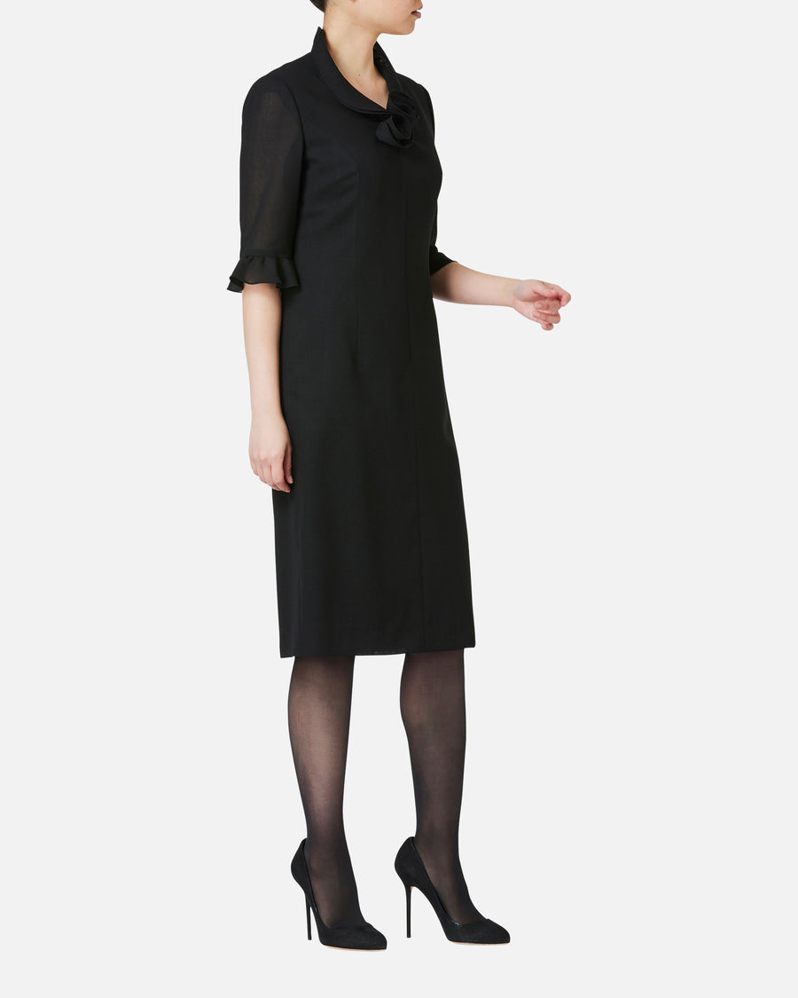 Black Dress with Frill on Collar and Sleeve Hem