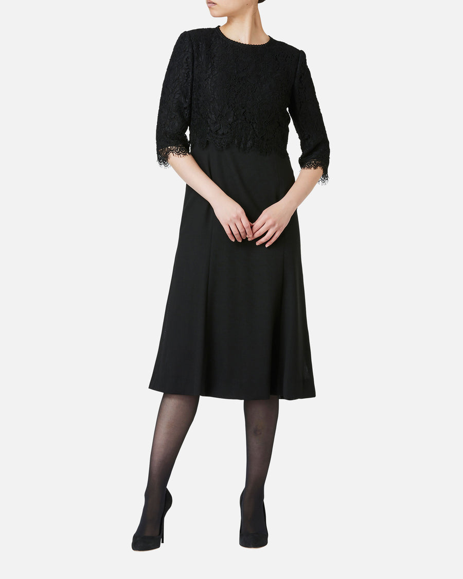 Flare Black Dress with Leavers Lace