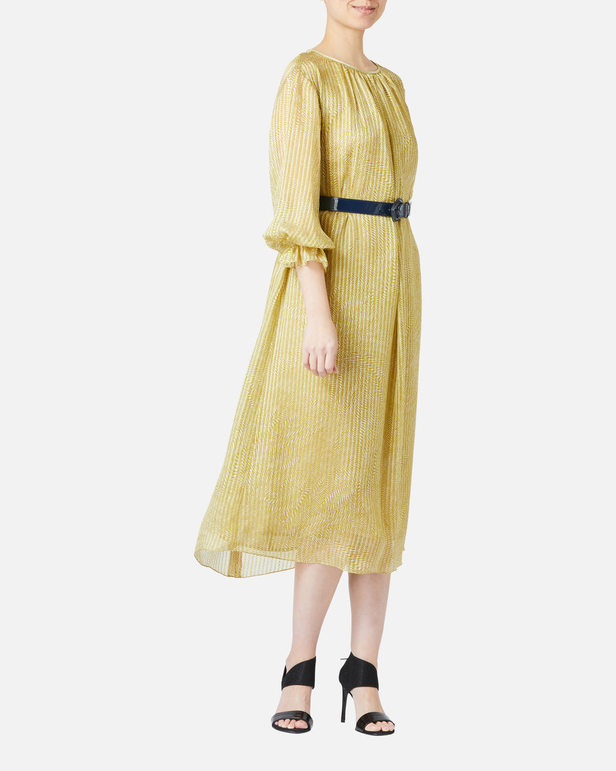 Belted silk chiffon satin jacquard dress