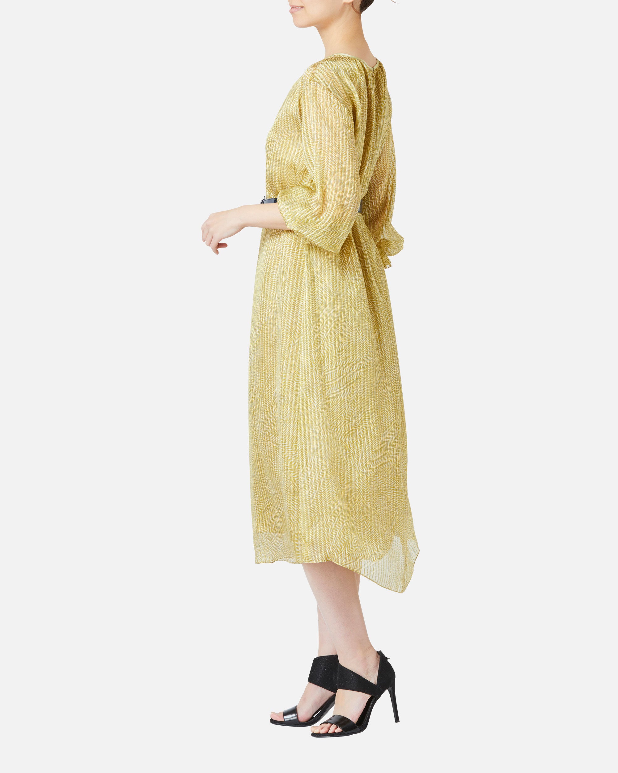 Belted silk chiffon satin jacquard dress