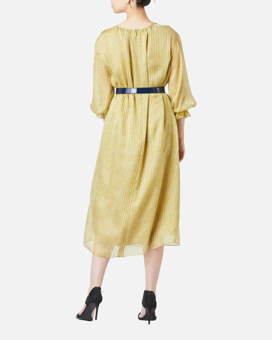 Belted silk chiffon satin jacquard dress