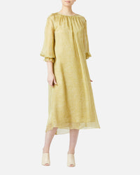 Belted silk chiffon satin jacquard dress