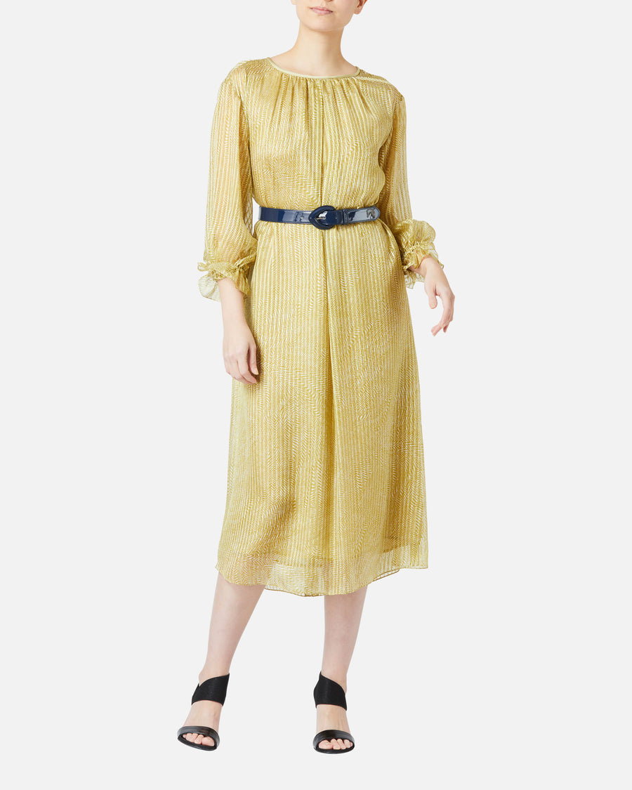 Belted silk chiffon satin jacquard dress