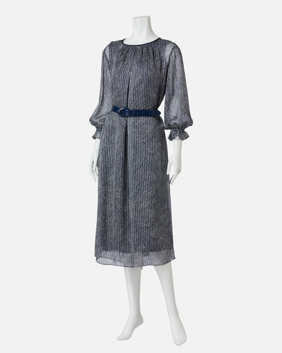 Belted silk chiffon satin jacquard dress