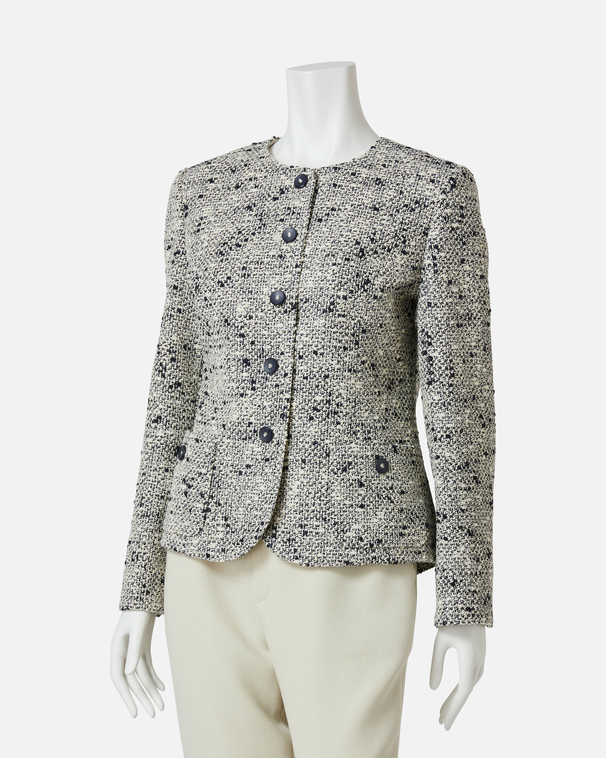 Wool cotton summer tweed collarless jacket