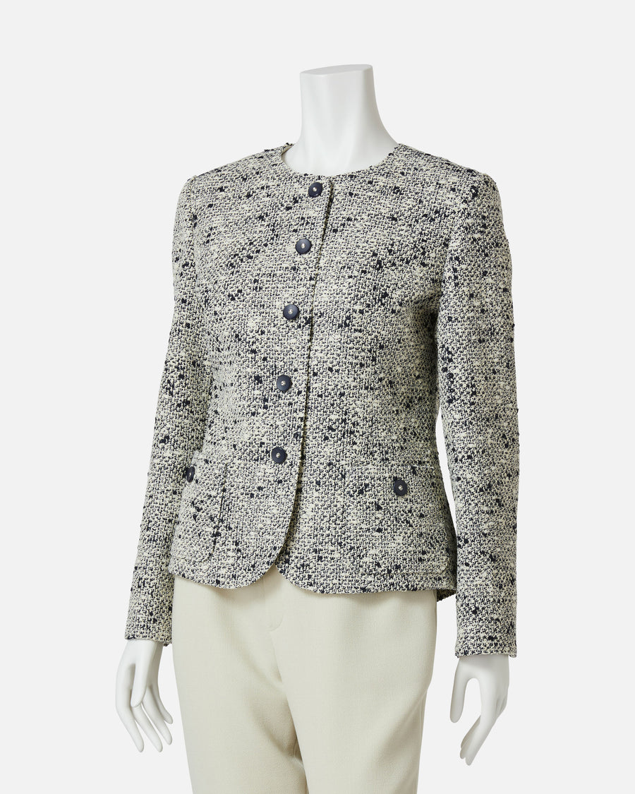 Wool cotton summer tweed collarless jacket