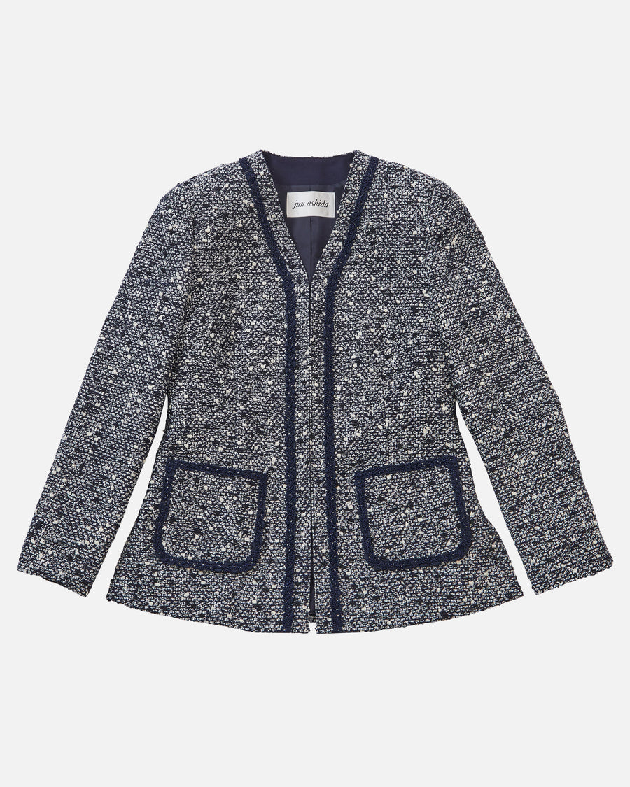 Wool cotton summer tweed collarless jacket