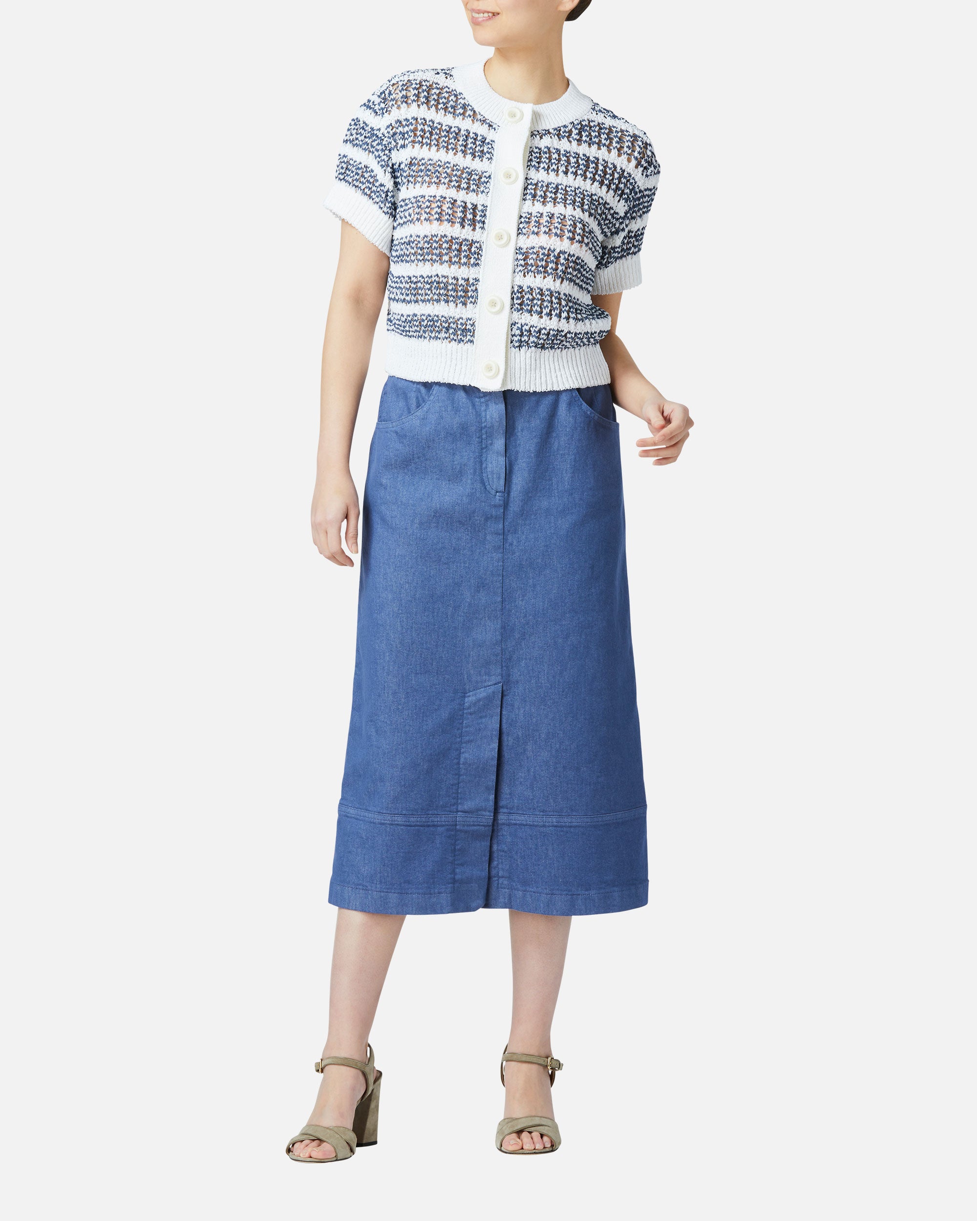 Colored denim semi-long skirt