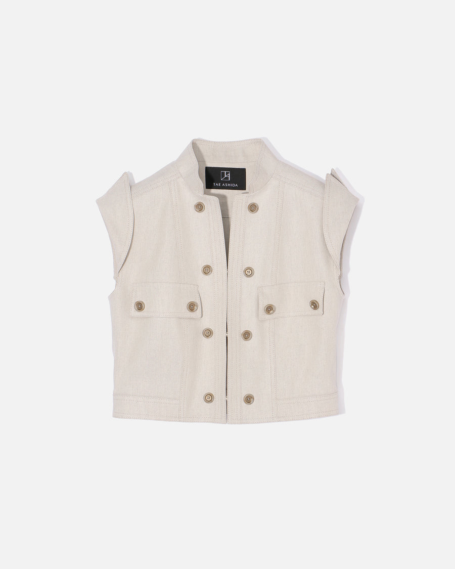 Sleeveless Linen Rayon Twill Jacket