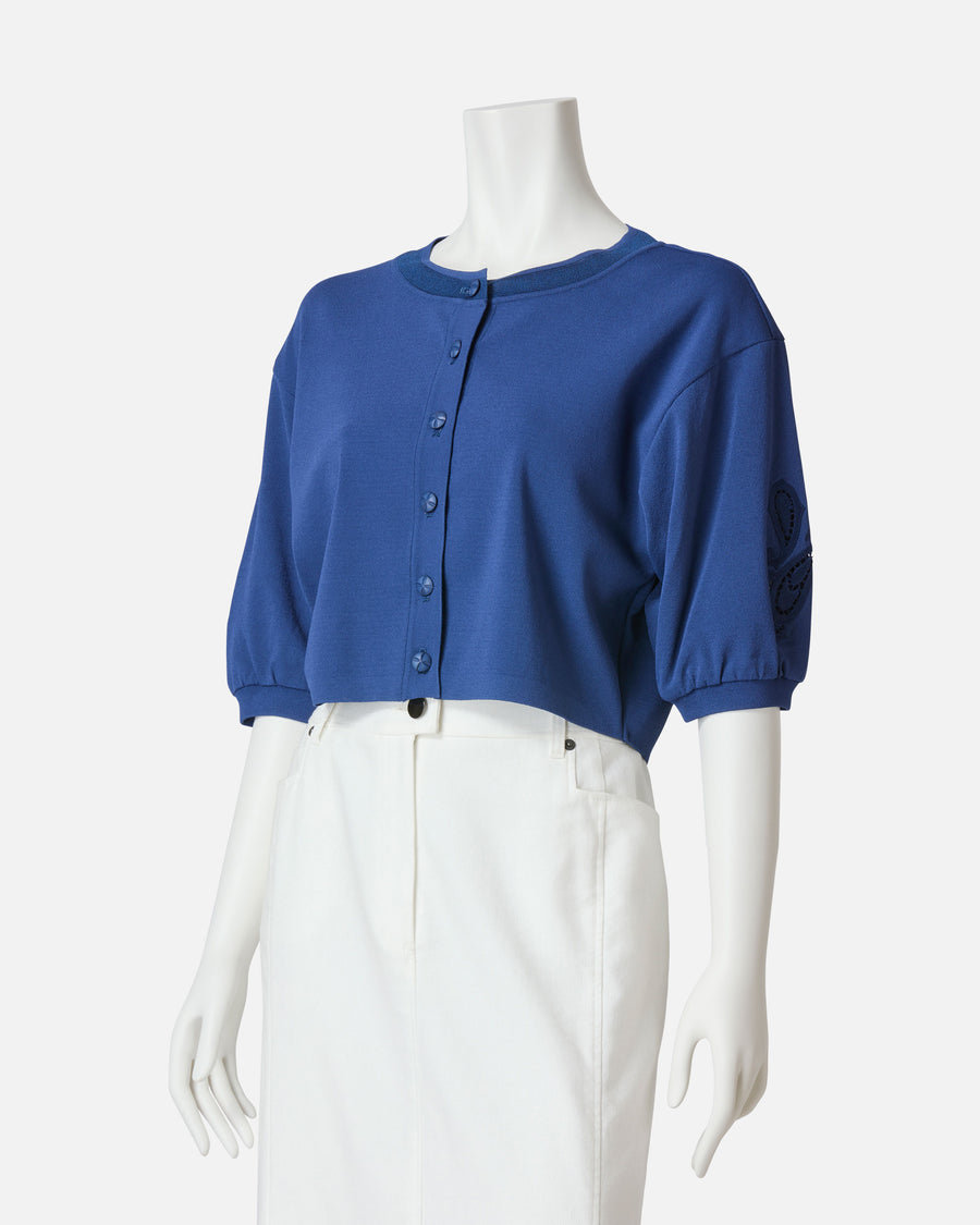 Cutwork Embroidered Puff Sleeve Knit Cardigan